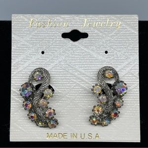 Aurora Borealis And Rhinestone Pierced Earrings Silver Tone Swirl Vintage